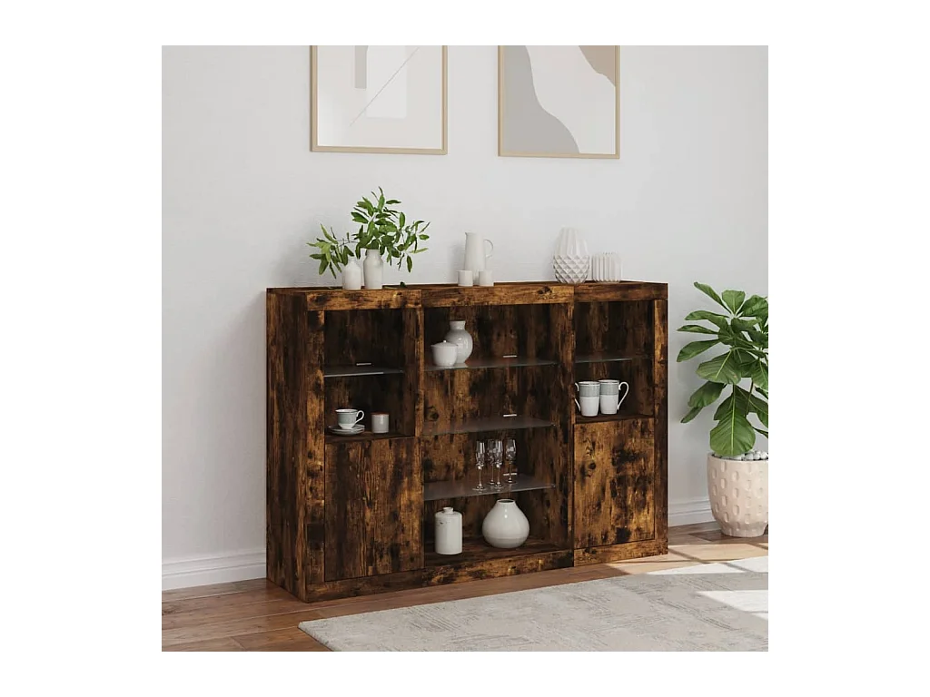 Buffets | Bahuts | Meuble de rangement avec lumières LED 3 pcs chêne fumé bois d'ingénierie