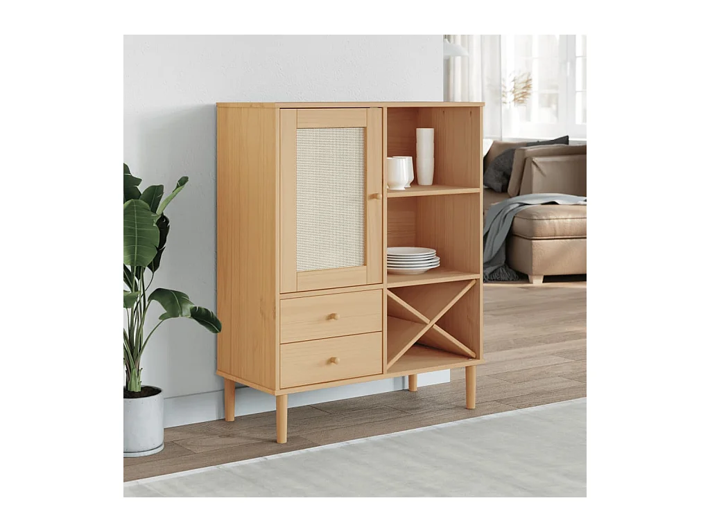 Buffet | Commode à tiroir | Meuble de rangement SENJA aspect rotin marron 90x40x112cm bois massif de pin