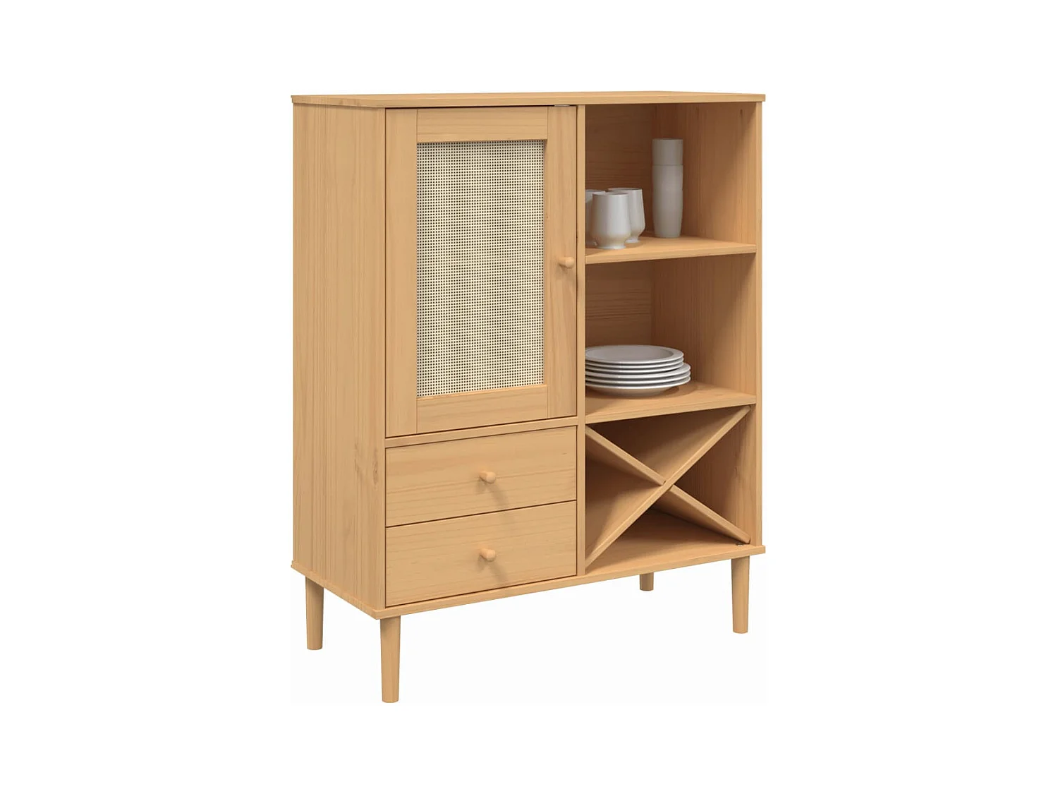 Buffet | Commode à tiroir | Meuble de rangement SENJA aspect rotin marron 90x40x112cm bois massif de pin