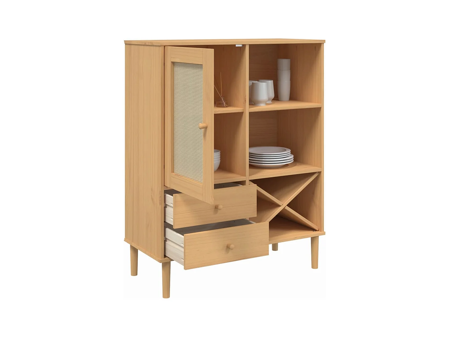 Buffet | Commode à tiroir | Meuble de rangement SENJA aspect rotin marron 90x40x112cm bois massif de pin