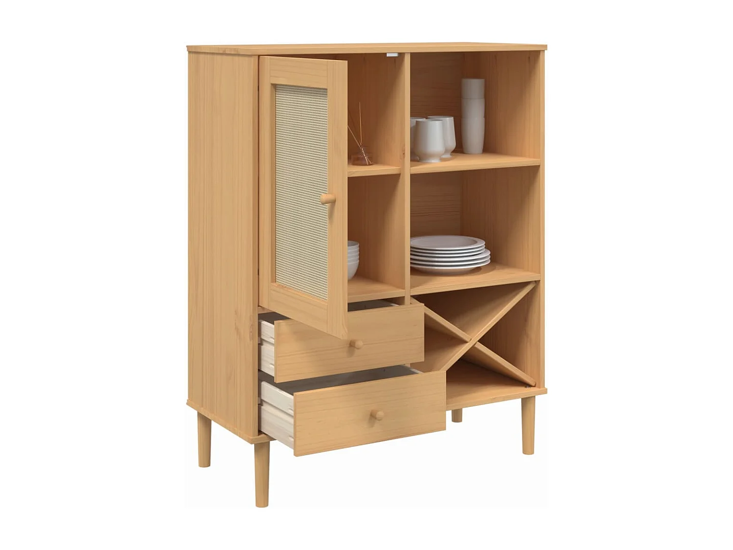 Buffet | Commode à tiroir | Meuble de rangement SENJA aspect rotin marron 90x40x112cm bois massif de pin