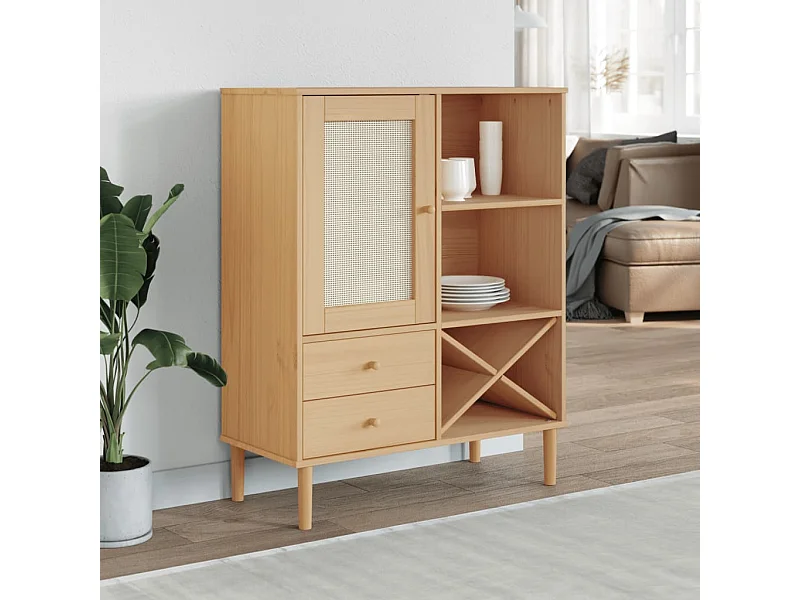 Buffet | Commode à tiroir | Meuble de rangement SENJA aspect rotin marron 90x40x112cm bois massif de pin