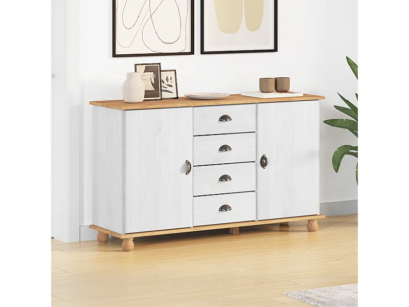 Credenza | Buffet | Armadio 'ASKIM'Bianca 133,5x40x78 cm Legno massiccio di pino