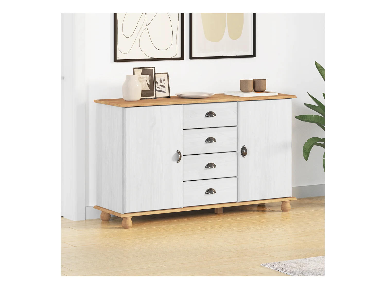 Buffet | Bahut | Meuble de rangement 'ASKIM'Blanc 133.5x40x79 cm Bois massif pin