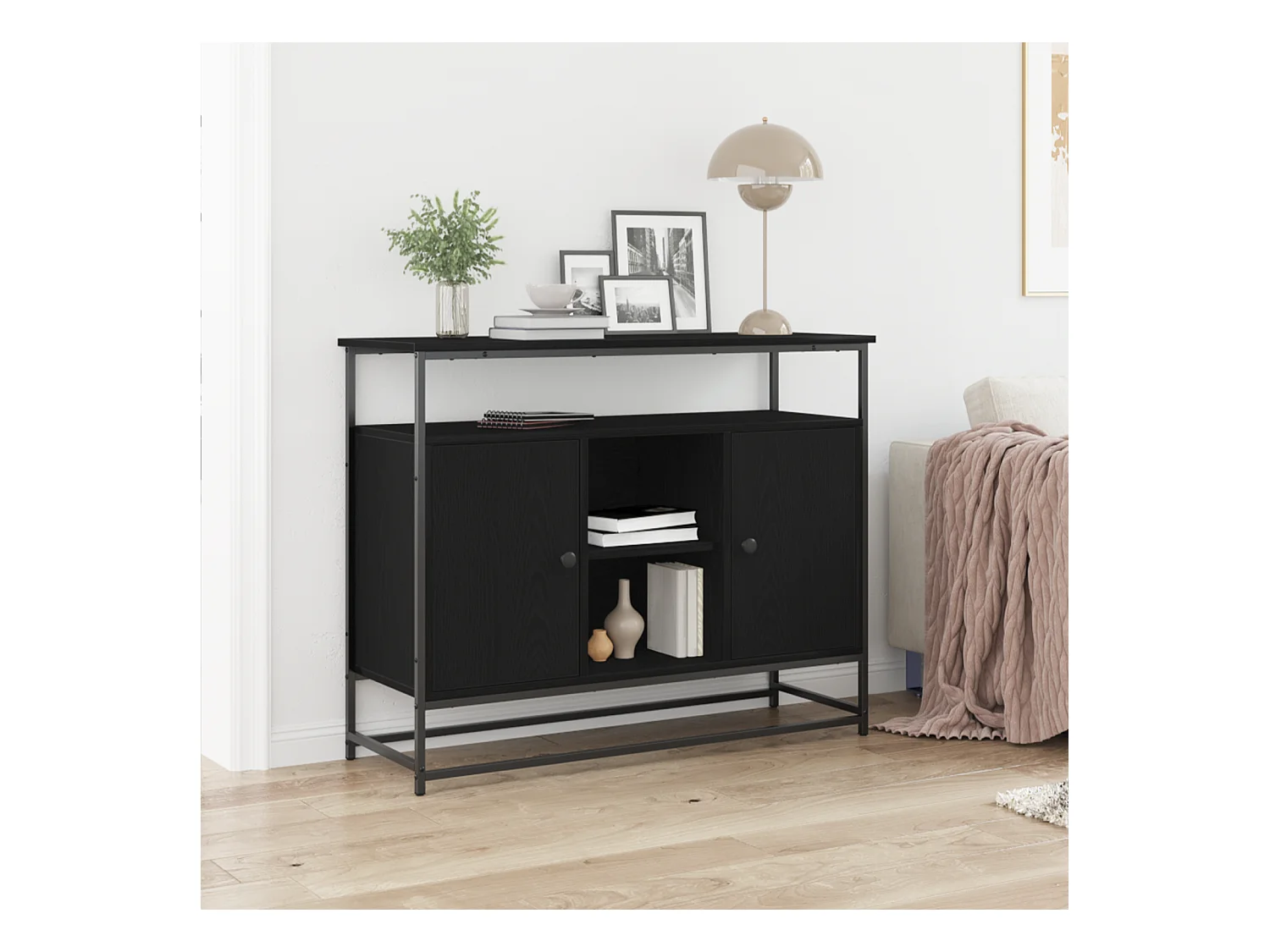 Sideboard | Credenza | Armadio Nero Rovere 100x35x80 cm Legno ingegnerizzato e Acciaio