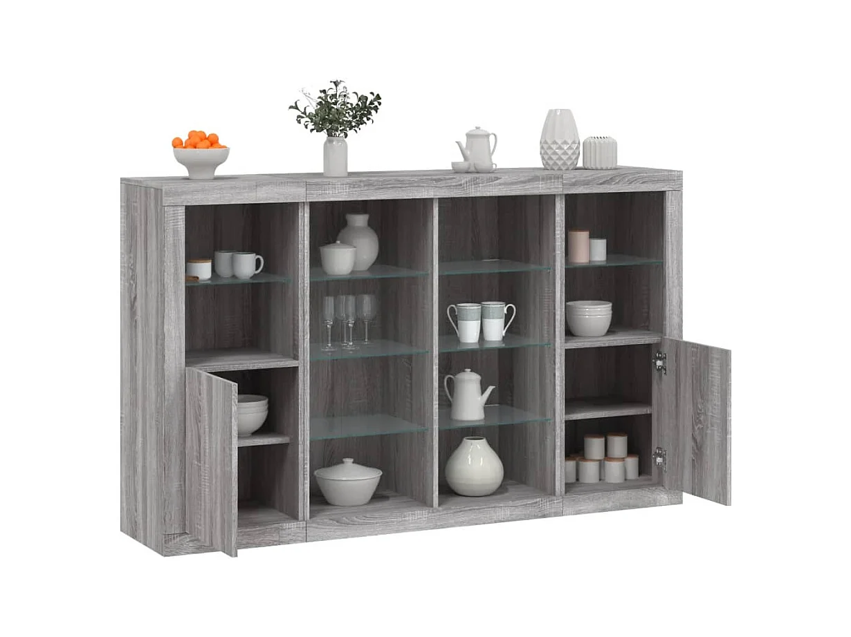 Buffets | Bahuts | Meuble de rangement avec lumières LED 3 pcs sonoma gris bois d'ingénierie