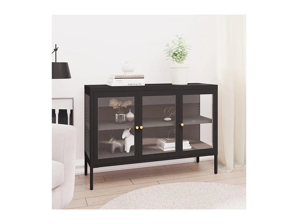 Buffet | Bahut | Meuble de rangement Noir 105x35x70 cm Acier et verre