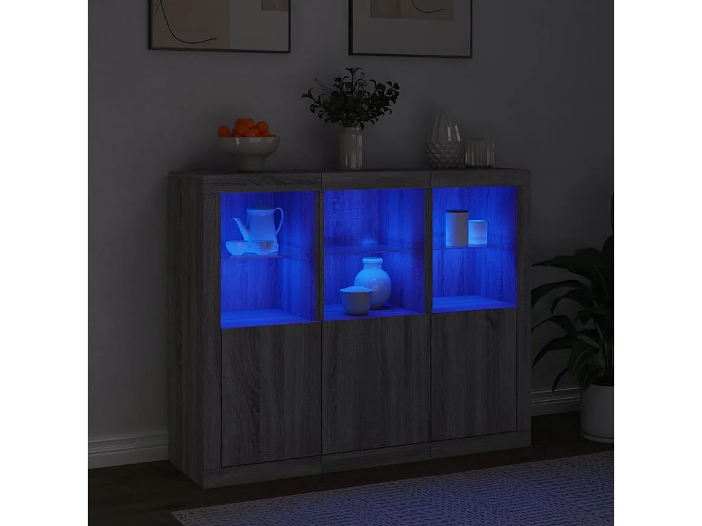 Buffets | Bahuts | Meuble de rangement avec lumières LED 3 pcs sonoma gris bois d'ingénierie