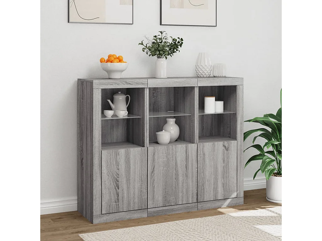 Buffets | Bahuts | Meuble de rangement avec lumières LED 3 pcs sonoma gris bois d'ingénierie