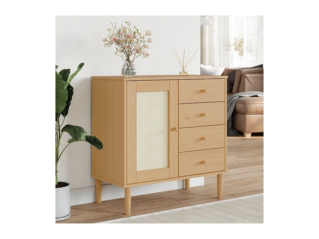 Buffet | Commode à tiroir | Meuble de rangement SENJA aspect rotin marron 80x40x80 cm bois massif de pin