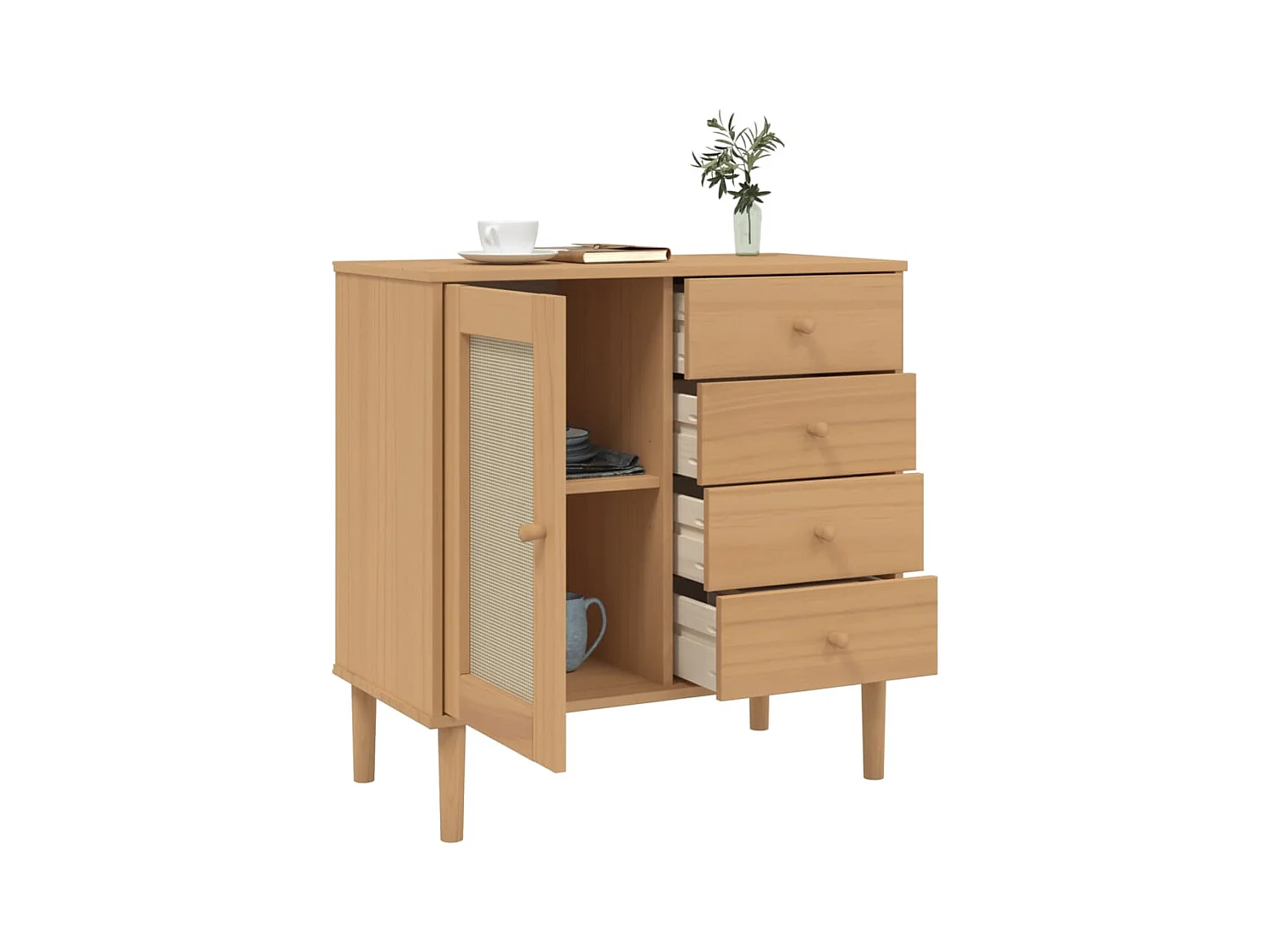 Buffet | Commode à tiroir | Meuble de rangement SENJA aspect rotin marron 80x40x80 cm bois massif de pin