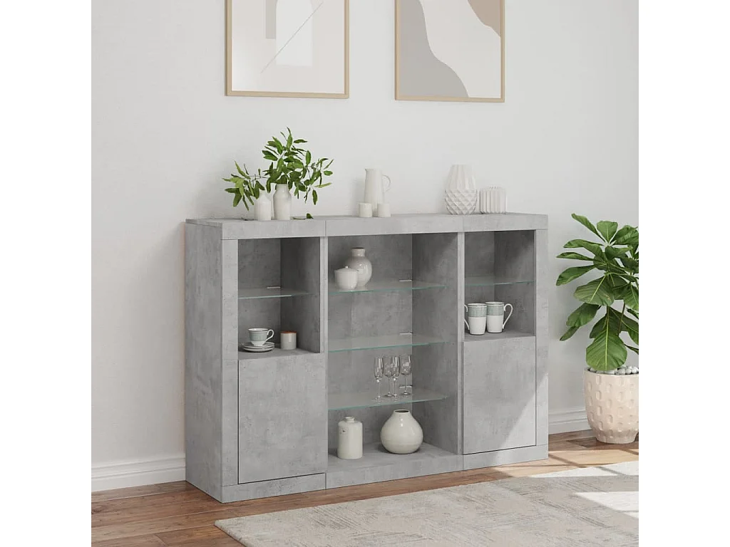 Buffets | Bahuts | Meuble de rangement avec lumières LED 3 pcs gris béton bois d'ingénierie