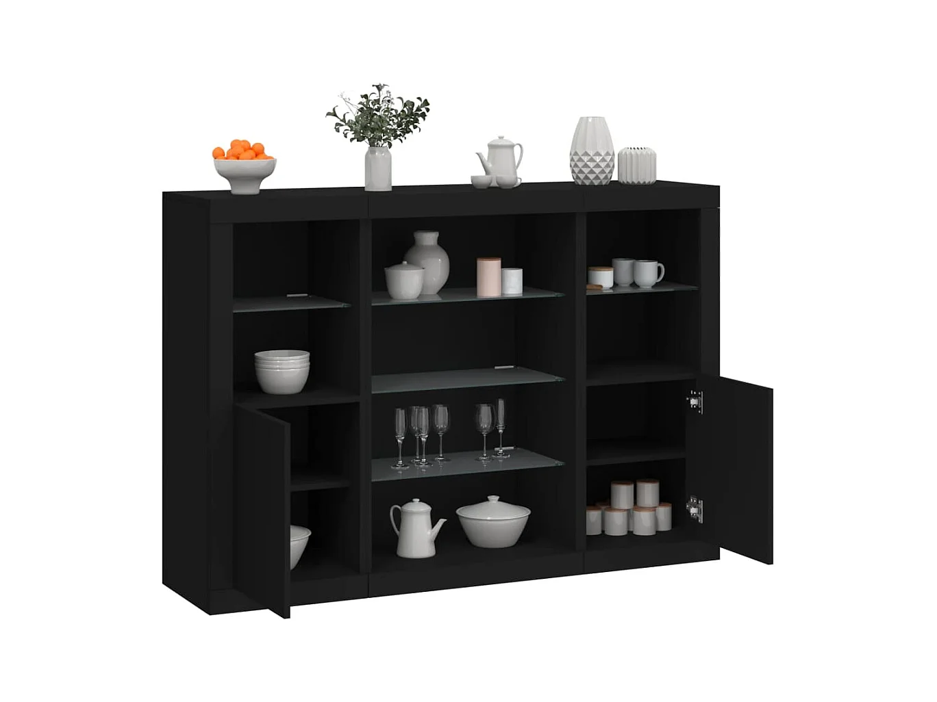 Buffets | Bahuts | Meuble de rangement avec lumières LED 3 pcs noir bois d'ingénierie