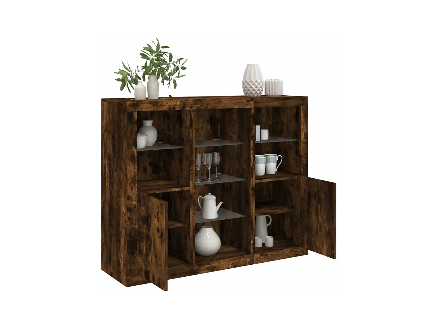 Credenze | Buffet | Armadi con Luci LED 3 pz Rovere Fumo in Legno Multistrato