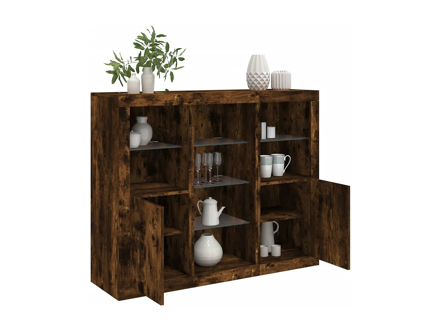 Credenze | Buffet | Armadi con Luci LED 3 pz Rovere Fumo in Legno Multistrato