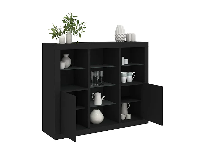 Buffets | Bahuts | Meuble de rangement avec lumières LED 3 pcs noir bois d'ingénierie
