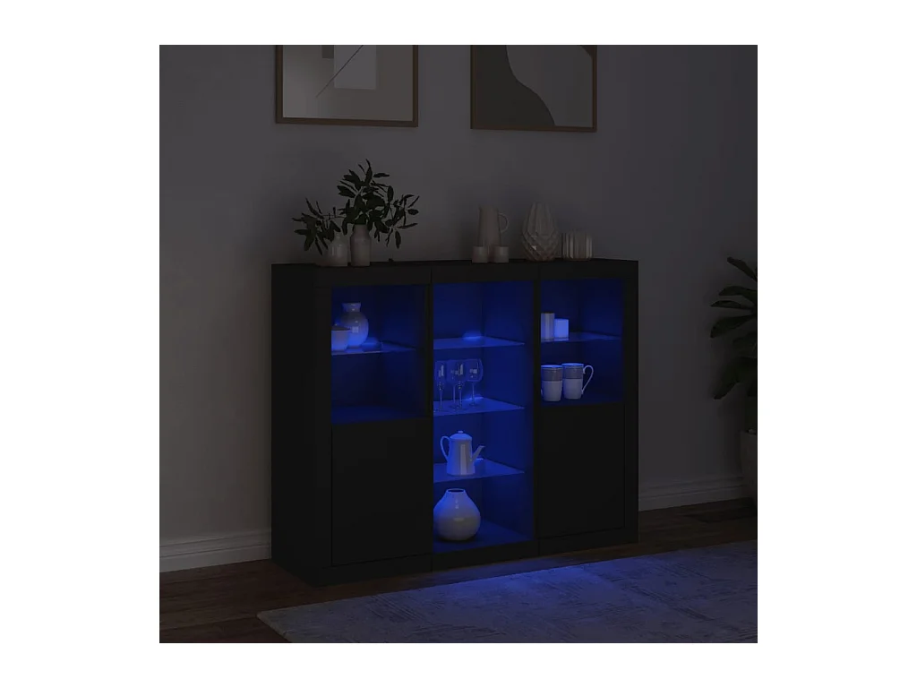 Buffets | Bahuts | Meuble de rangement avec lumières LED 3 pcs noir bois d'ingénierie