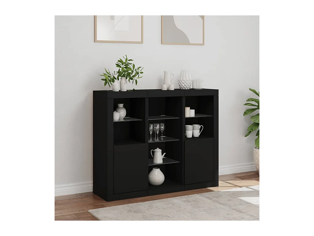 Buffets | Bahuts | Meuble de rangement avec lumières LED 3 pcs noir bois d'ingénierie
