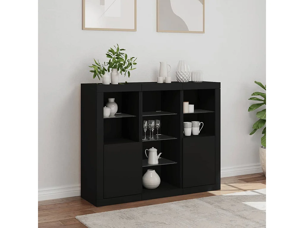 Buffets | Bahuts | Meuble de rangement avec lumières LED 3 pcs noir bois d'ingénierie