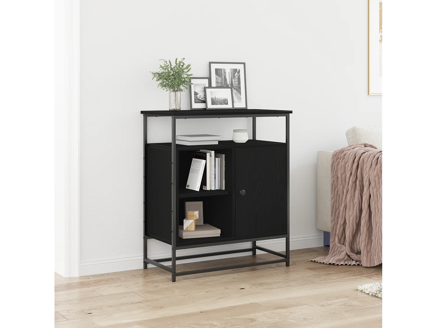 Buffet | Bahut | Meuble de rangement Noir Chêne 69x35x80 cm Bois d'ingénierie et Acier