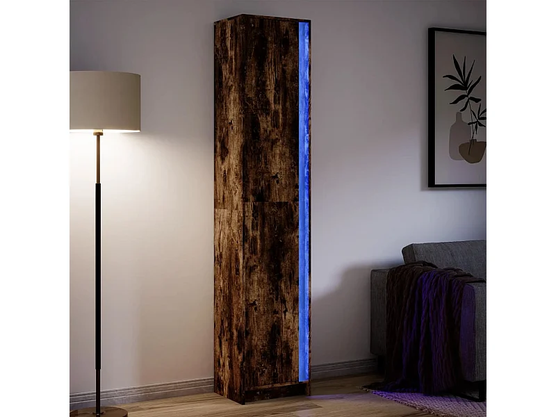 Buffet | Bahut | Meuble de rangement haut LED chêne fumé 41,5x32,5x200 cm bois d’ingénierie