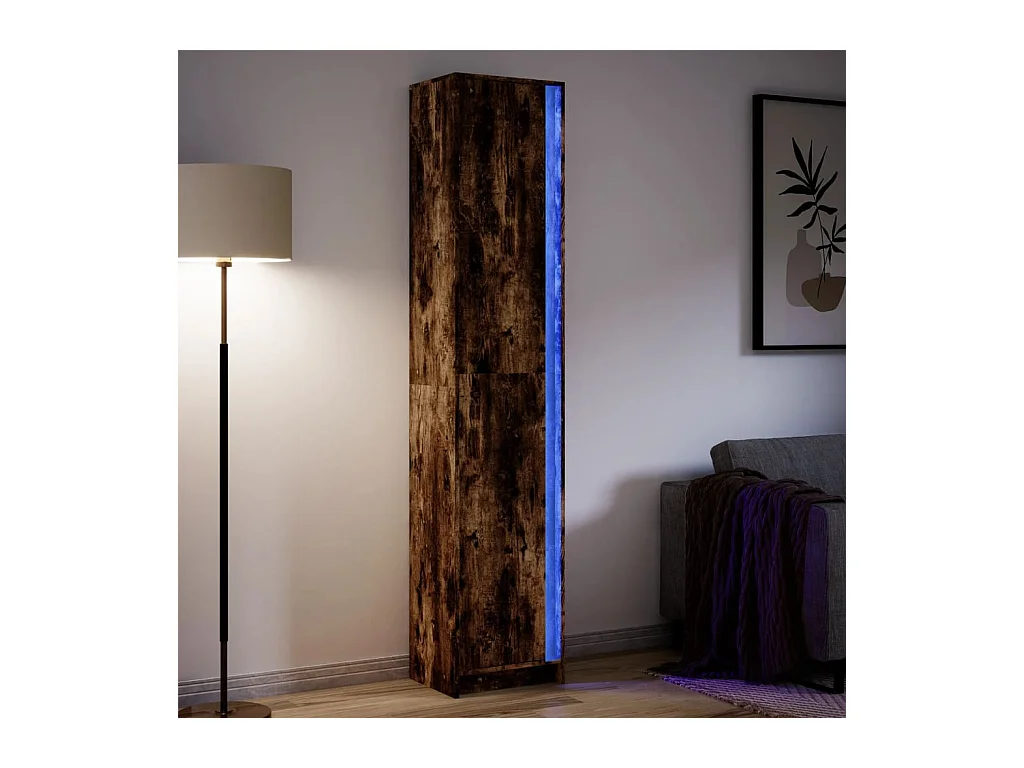 Buffet | Bahut | Meuble de rangement haut LED chêne fumé 41,5x32,5x200 cm bois d’ingénierie