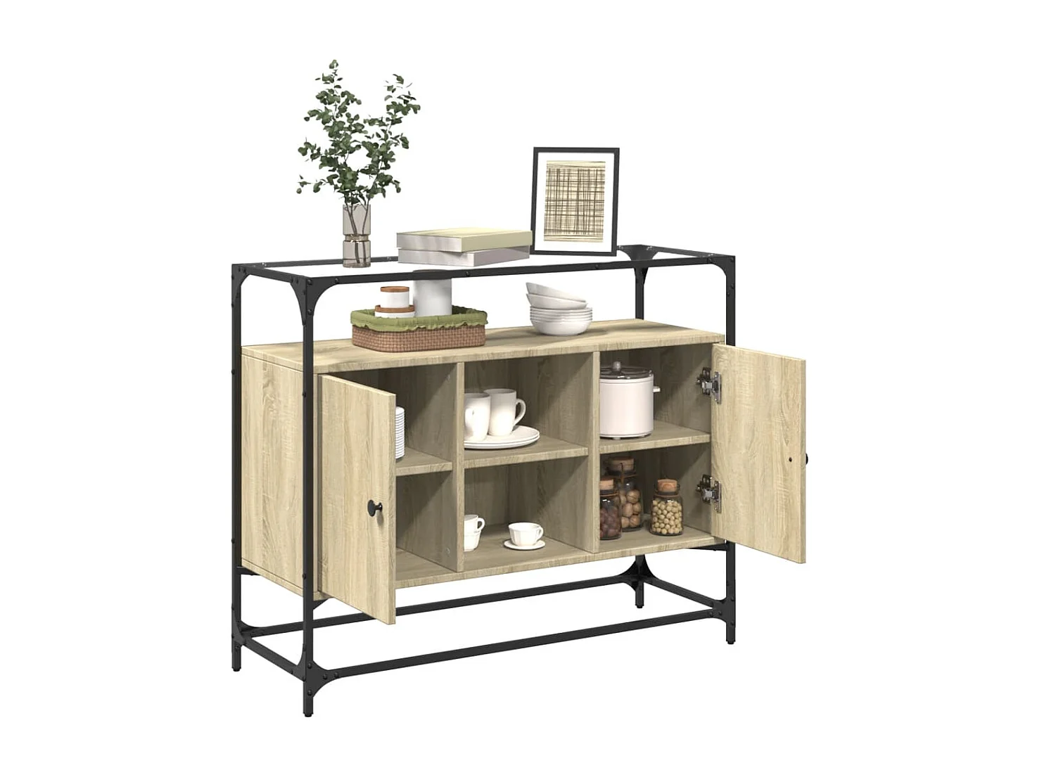 Buffet | Bahut | Meuble de rangement avec dessus en verre chêne sonoma bois d'ingénierie
