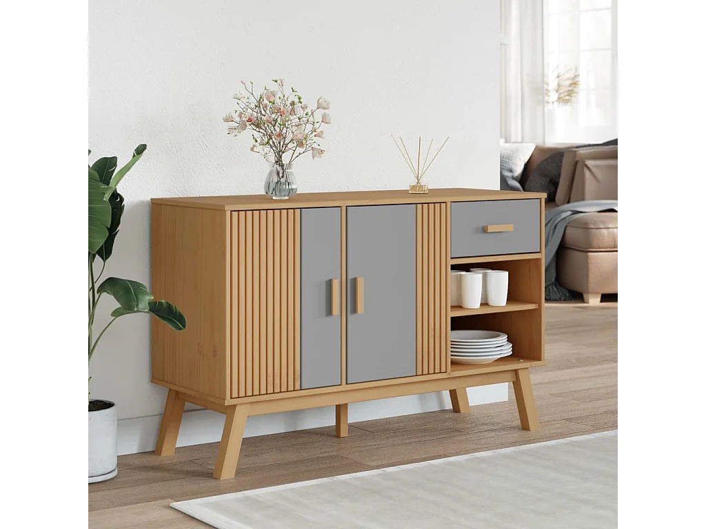 Credenza | Buffet | Armadio OLDEN Grigia e Marrone 114x43x73,5 cm Massello di Pino