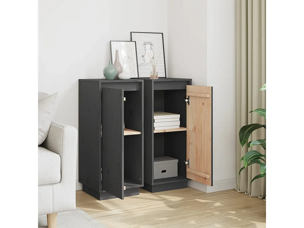 Credenze | Buffet | Armadi 2 pz Grigie 31,5x34x75 cm in Legno Massello di Pino