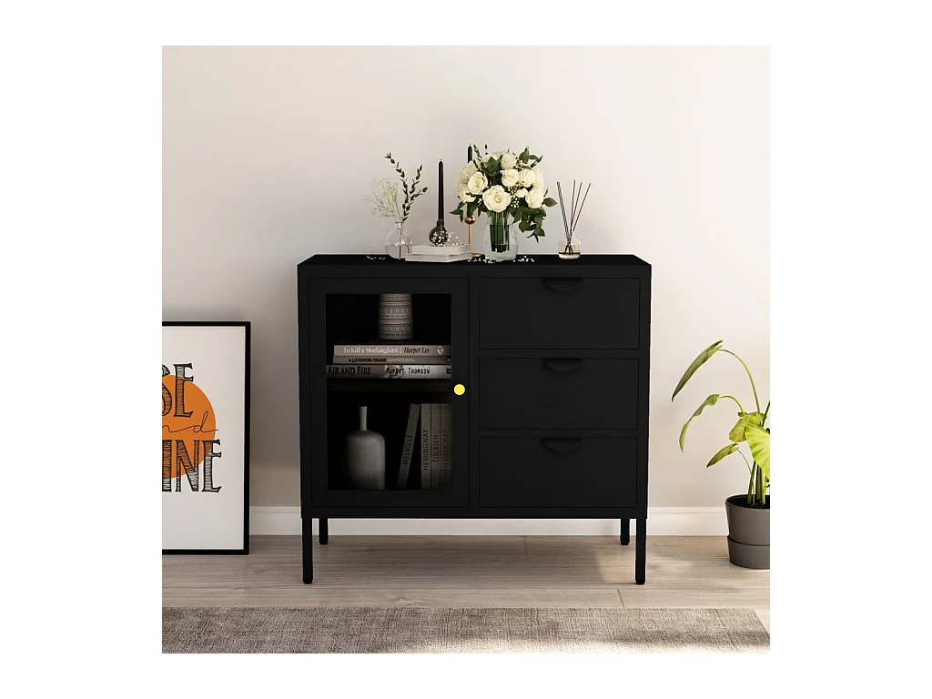 Buffet | Commode à tiroir | Meuble de rangement Noir 75x35x70 cm Acier et verre trempé