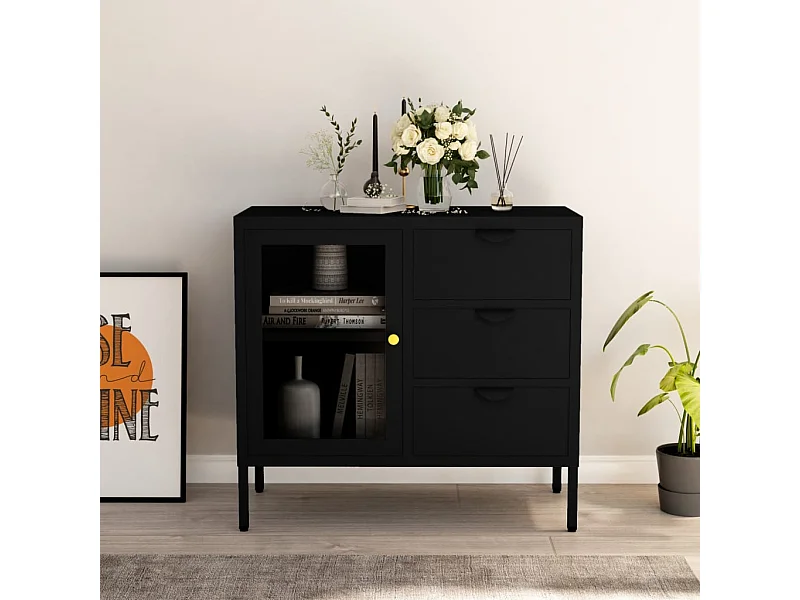 Buffet | Commode à tiroir | Meuble de rangement Noir 75x35x70 cm Acier et verre trempé