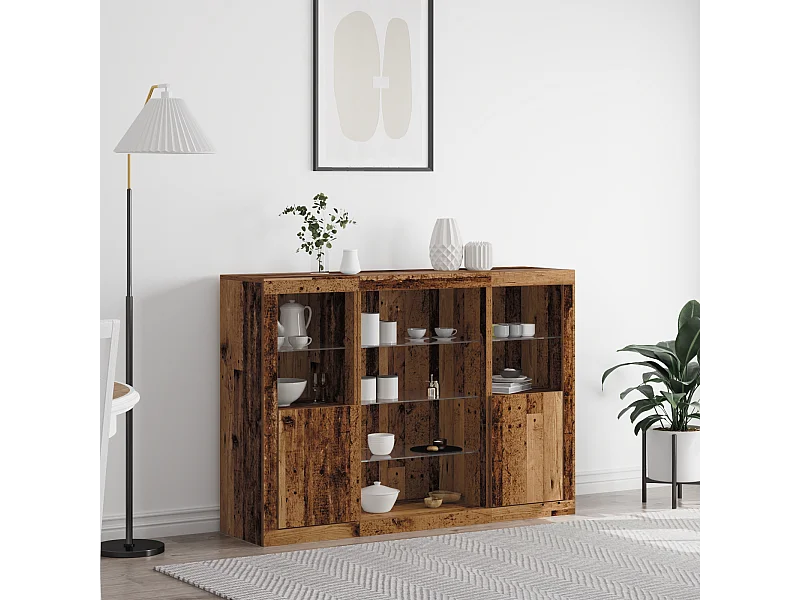 Buffet | Bahut | Meuble de rangement avec lumières LED Bois ancien 142.5x37x100 cm Bois d'ingénierie