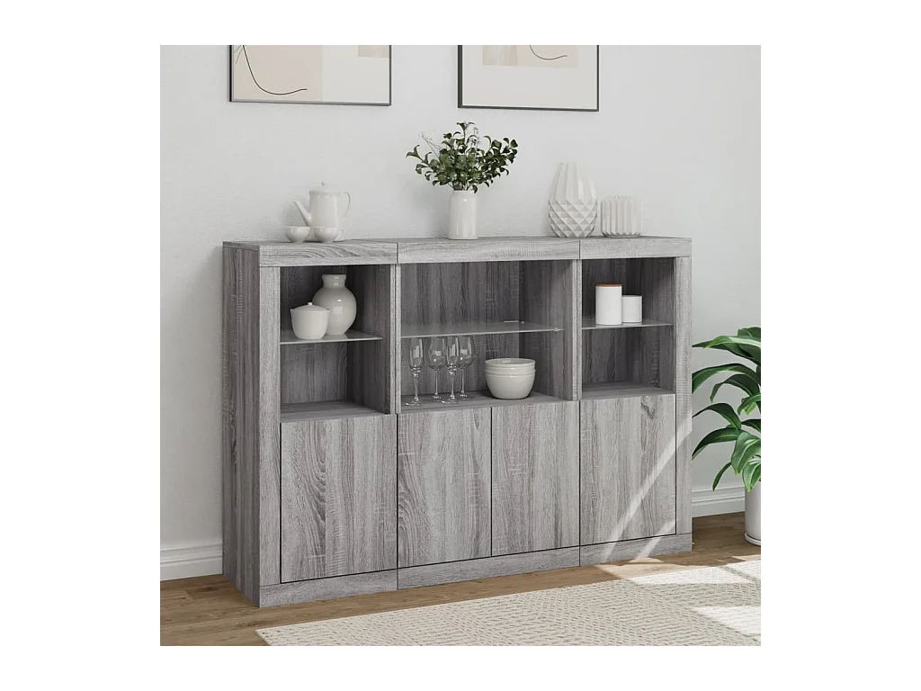 Buffets | Bahuts | Meuble de rangement avec lumières LED 3 pcs sonoma gris bois d'ingénierie