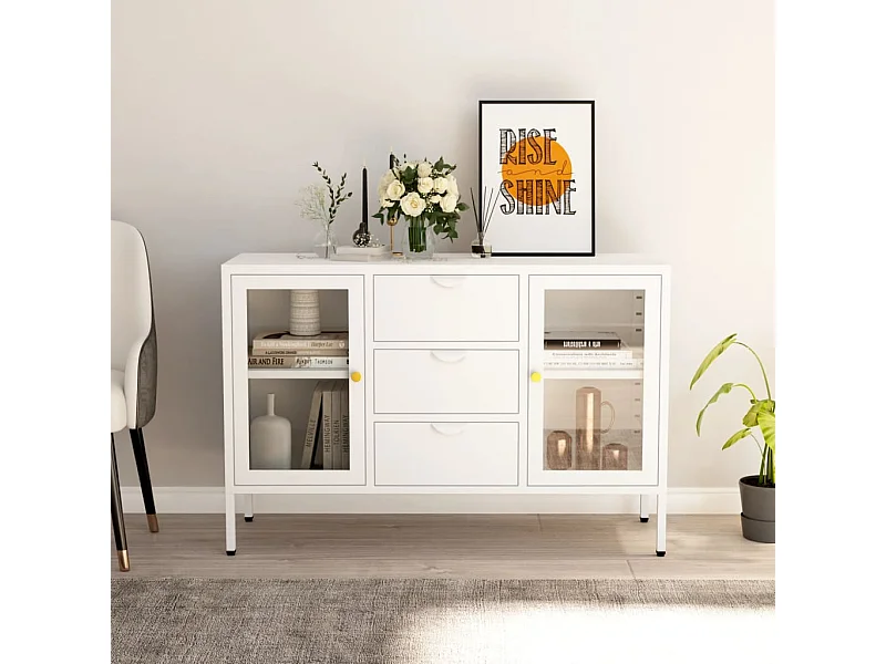 Buffet | Commode à tiroir | Meuble de rangement Blanc 105x35x70 cm Acier et verre trempé