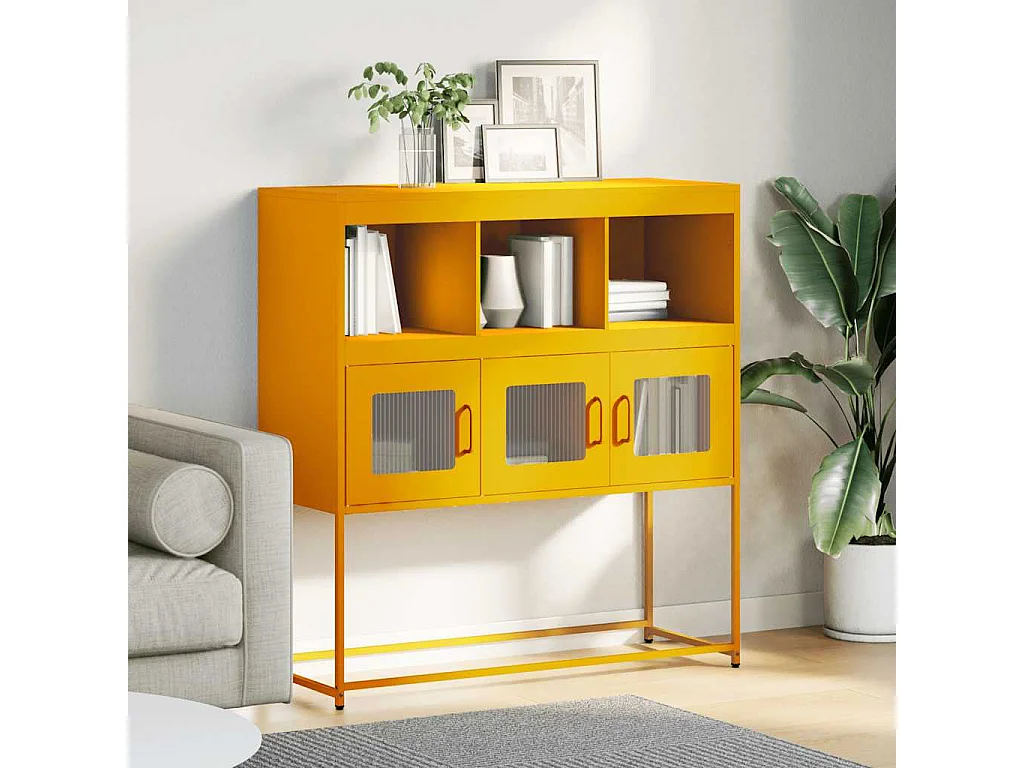 Credenza | Buffet | Armadio Giallo Senape 100,5x39x107cm Acciaio Laminato Freddo