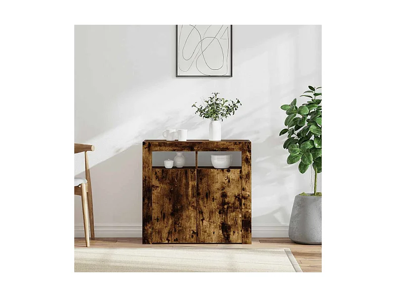 Buffet | Bahut | Meuble de rangement avec lumières LED chêne fumé 80x35x75 cm