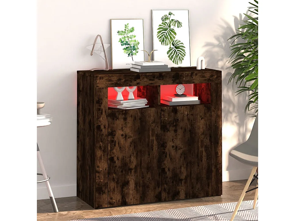 Buffet | Bahut | Meuble de rangement avec lumières LED chêne fumé 80x35x75 cm
