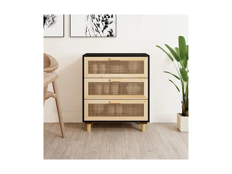 Credenza | Buffet | Armadio Nera 60x30x70 cm Legno Massello Pino e Rattan Naturale