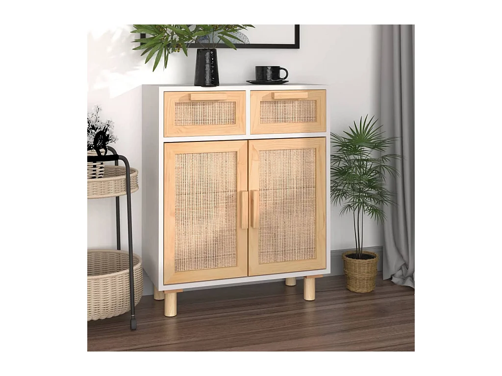 Buffet | Commode à tiroir | Meuble de rangement Blanc 60x30x75 cm Bois de pin massif et rotin naturel