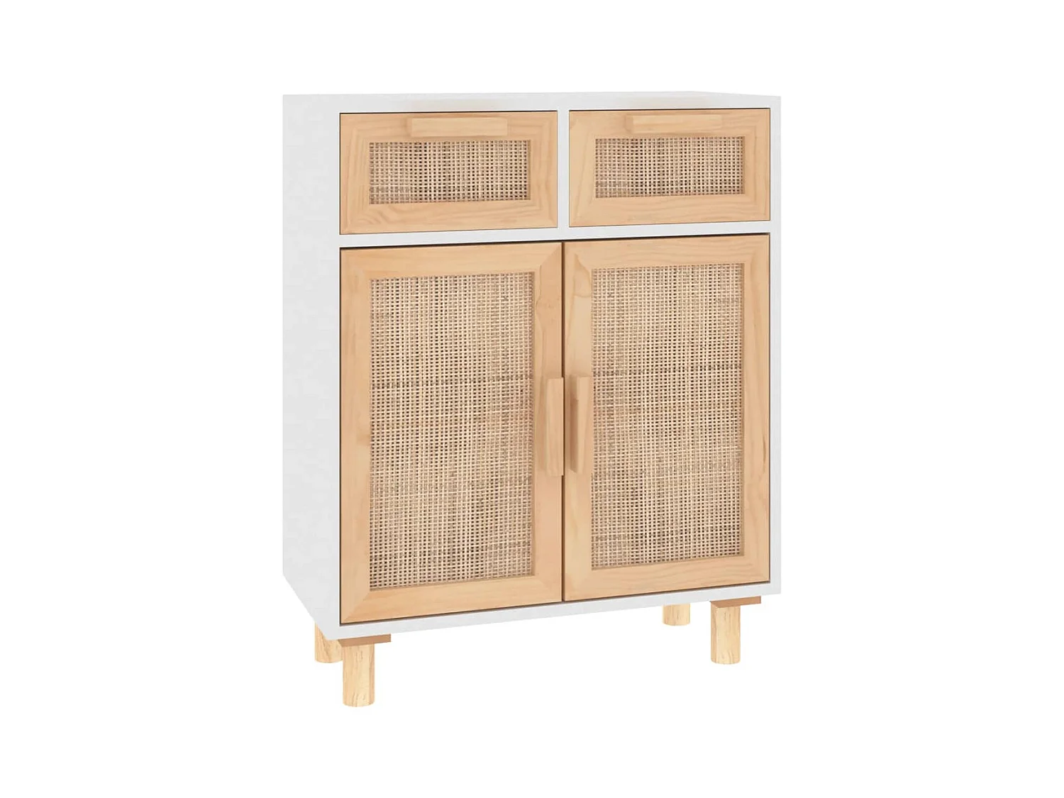 Buffet | Commode à tiroir | Meuble de rangement Blanc 60x30x75 cm Bois de pin massif et rotin naturel