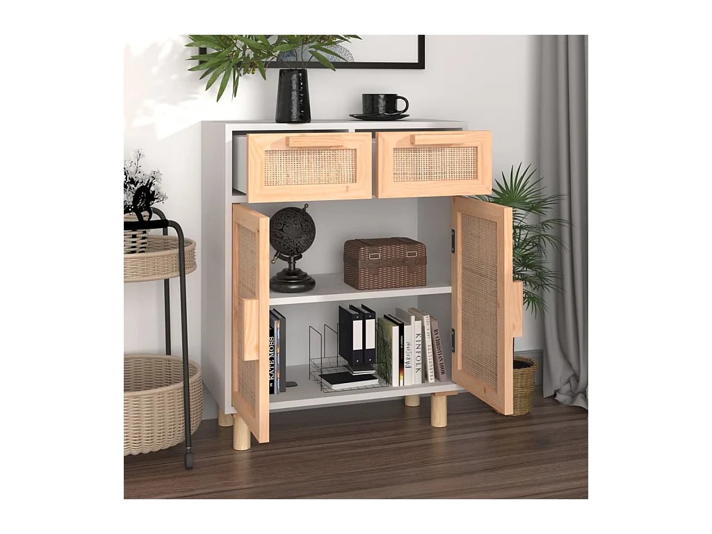 Buffet | Commode à tiroir | Meuble de rangement Blanc 60x30x75 cm Bois de pin massif et rotin naturel