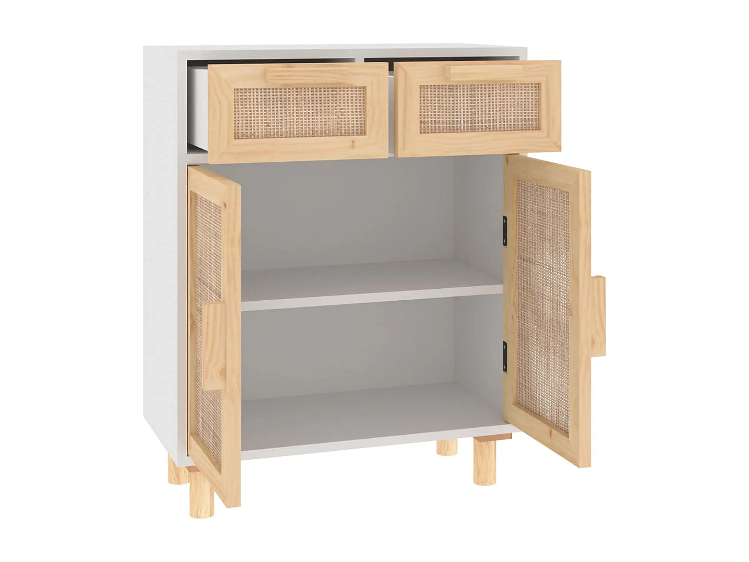 Buffet | Commode à tiroir | Meuble de rangement Blanc 60x30x75 cm Bois de pin massif et rotin naturel