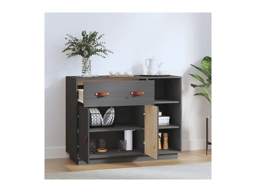 Credenza | Buffet | Armadio Grigia 98,5x40x75 cm in Legno Massello di Pino