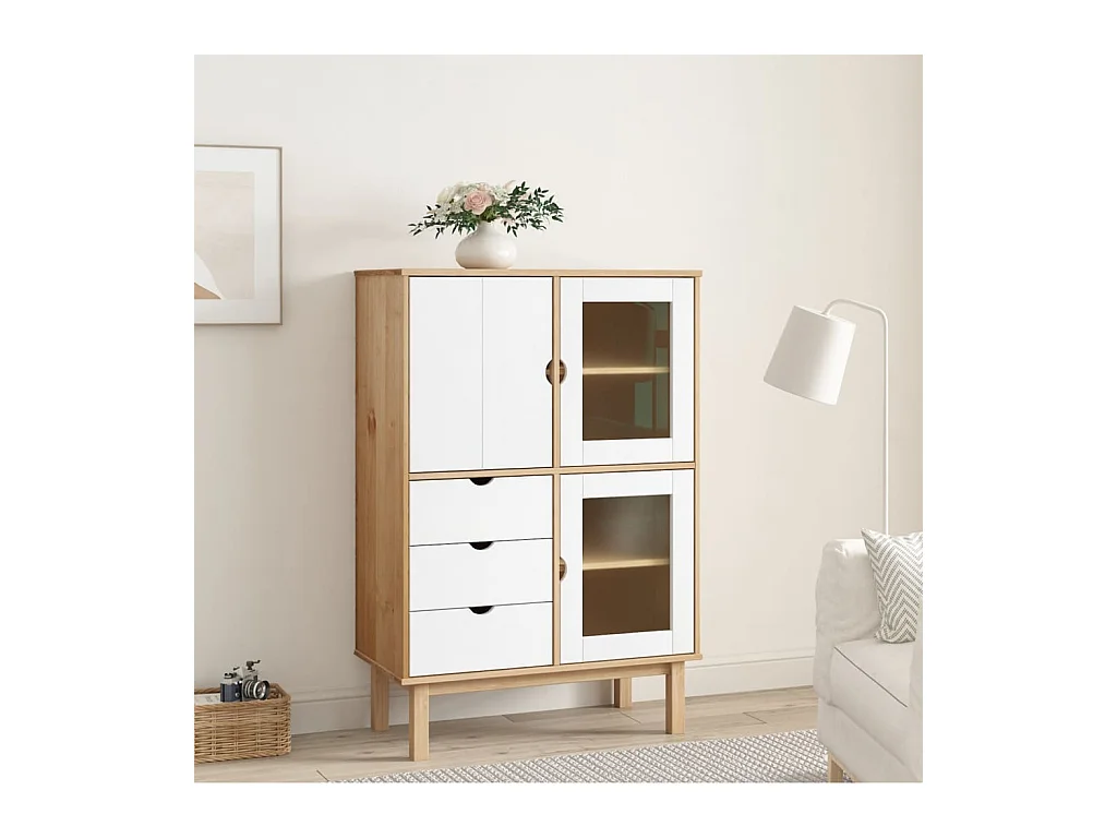 Buffet | Commode à tiroir | Meuble de rangement haut OTTA marron et blanc 85x43x125 cm bois massif pin