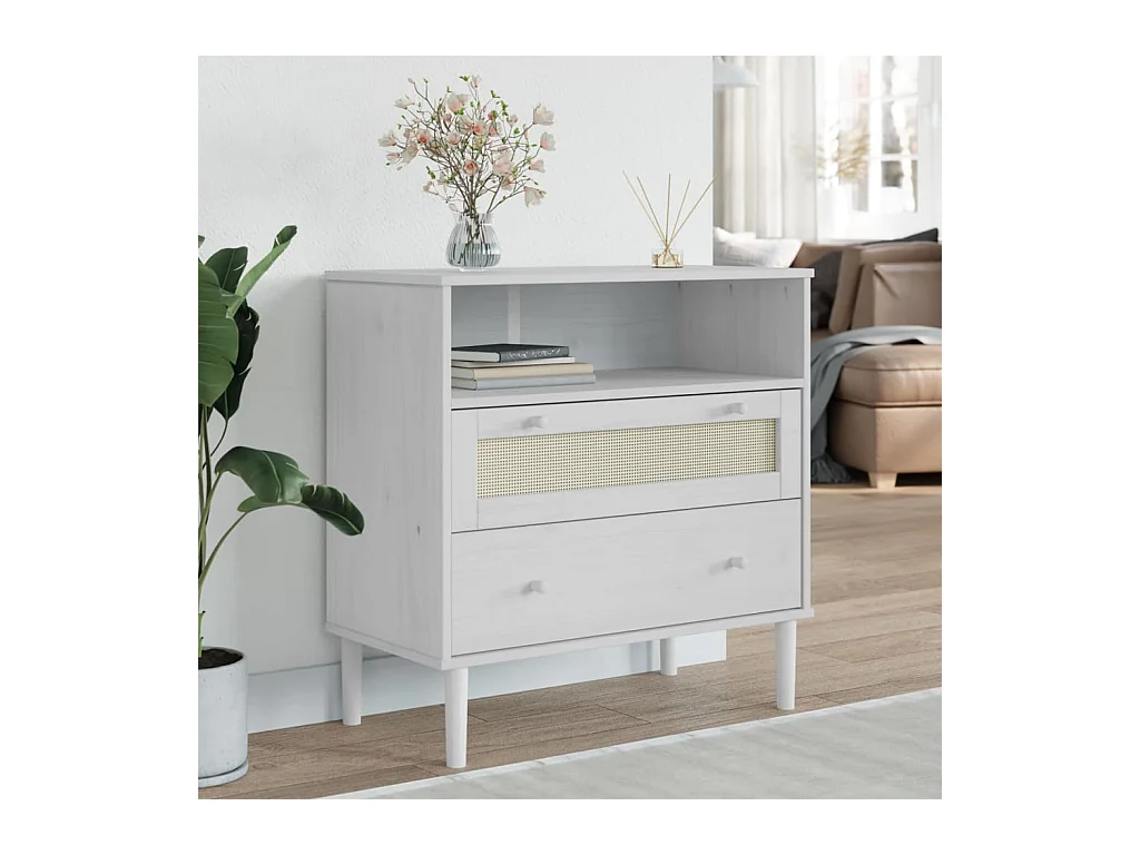 Buffet | Commode à tiroir | Meuble de rangement SENJA aspect rotin blanc 80x40x80 cm bois massif de pin
