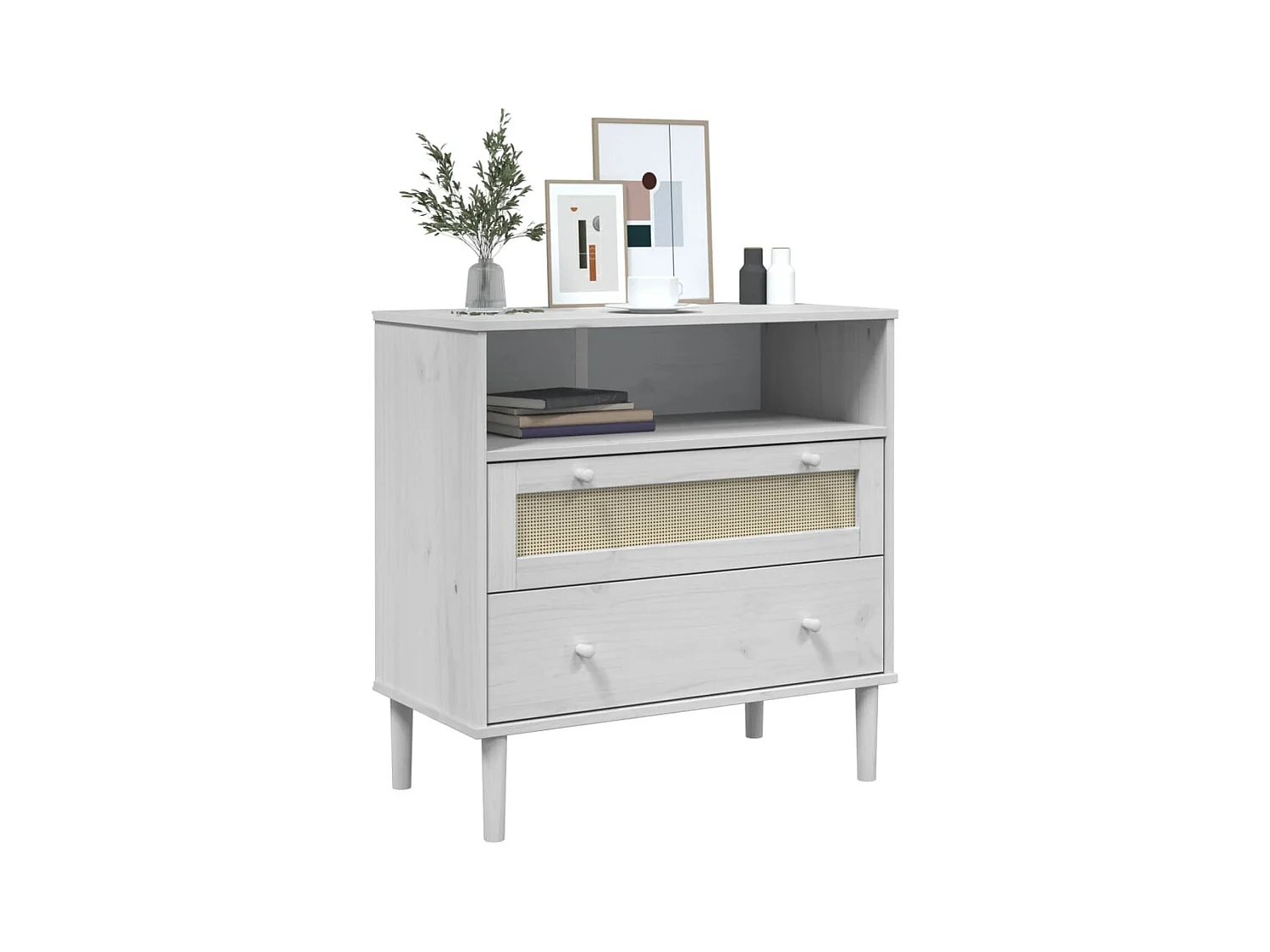 Buffet | Commode à tiroir | Meuble de rangement SENJA aspect rotin blanc 80x40x80 cm bois massif de pin