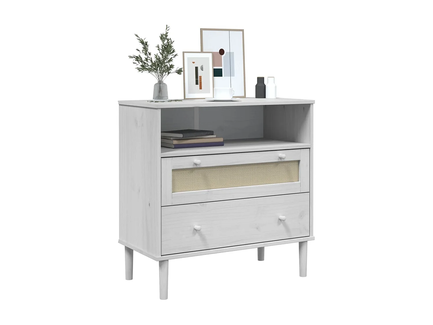 Credenza | Buffet | Armadio SENJA Aspetto Rattan Bianco 80x40x80 cm Massello Pino