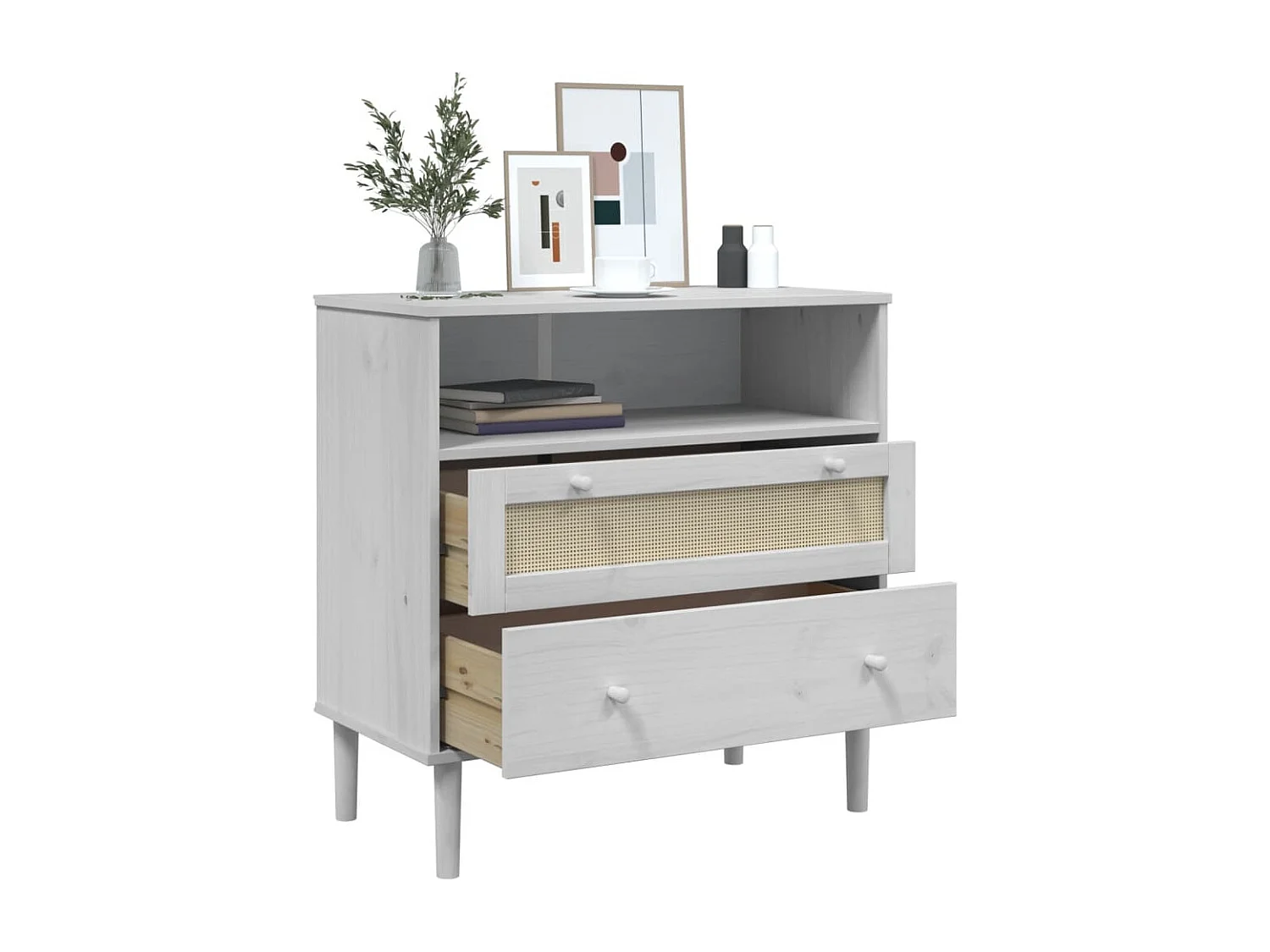 Credenza | Buffet | Armadio SENJA Aspetto Rattan Bianco 80x40x80 cm Massello Pino