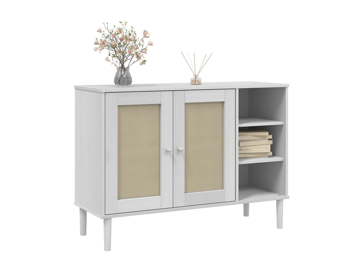 Credenza | Buffet | Armadio SENJA Aspetto Rattan Bianco 112x40x80 cm Massello Pino