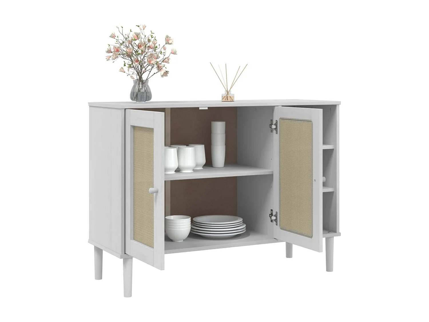 Credenza | Buffet | Armadio SENJA Aspetto Rattan Bianco 112x40x80 cm Massello Pino